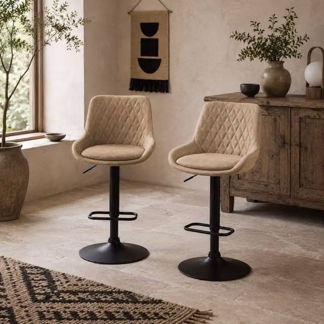 Wyld Haus Nihano Retro Adjustable Bar Stools Set of 2 in Beige Faux Leather