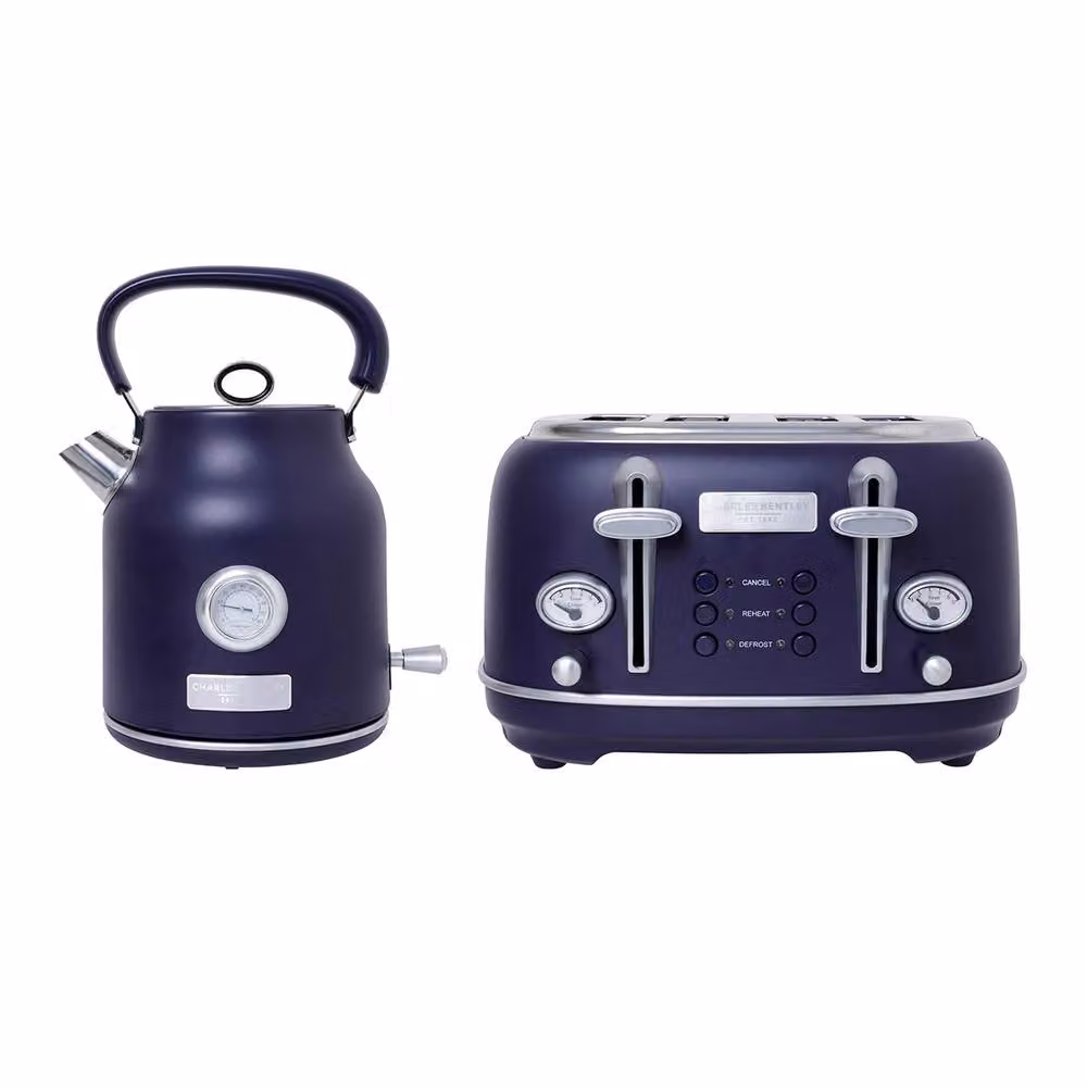 Charles Bentley Kettle 1.7L and 4 Slice Toaster Set in Matt Dark Blue and Silver – 2