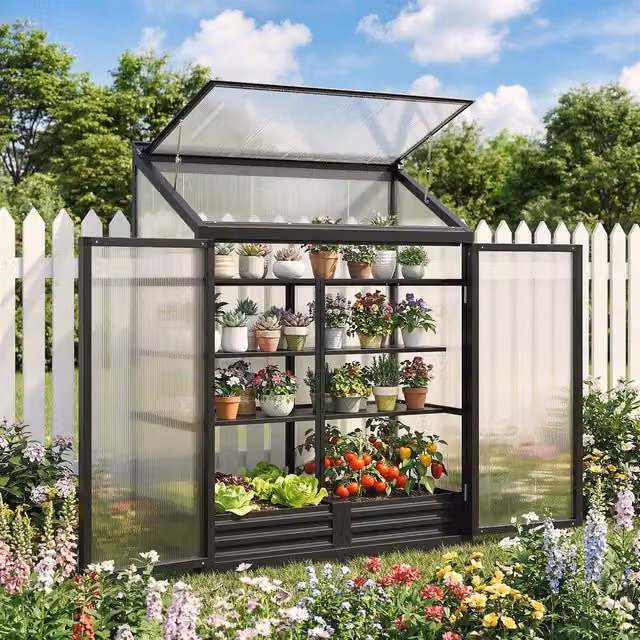 OUTSUNNY Black Aluminium and Polycarbonate Walk-in Greenhouse with Door, 0.6m2 – 1