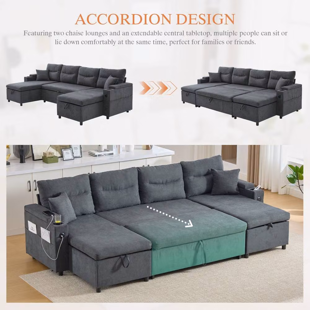 Matteo 4-Seater Corduroy U-Shape Sofa with Dual Chaise, USB Charging and Storage in Anthracite Grey – 3