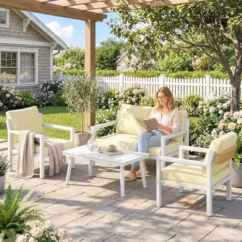 Outsunny 4 Seater Rattan Garden Furniture Set with Cushions in Beige and White – 4