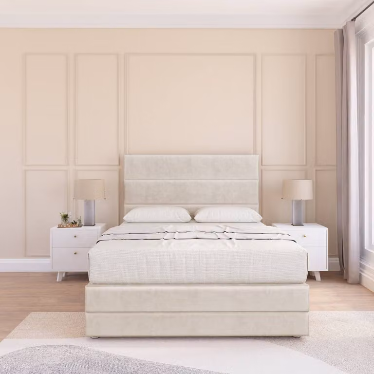 Sloomy Monaco Upholstered Velvet Bed Frame with Floor Standing Headboard in Beige, Super King Size (W/D/H: 200 x 200 x 30.48 cm)