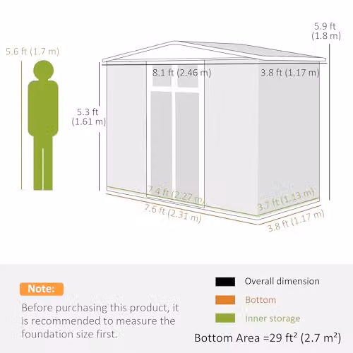 Outsunny Metal Garden Storage Shed in Dark Grey with Double Doors, Window and Lock, W/D/H: 246 x 117 x 161 cm – 6