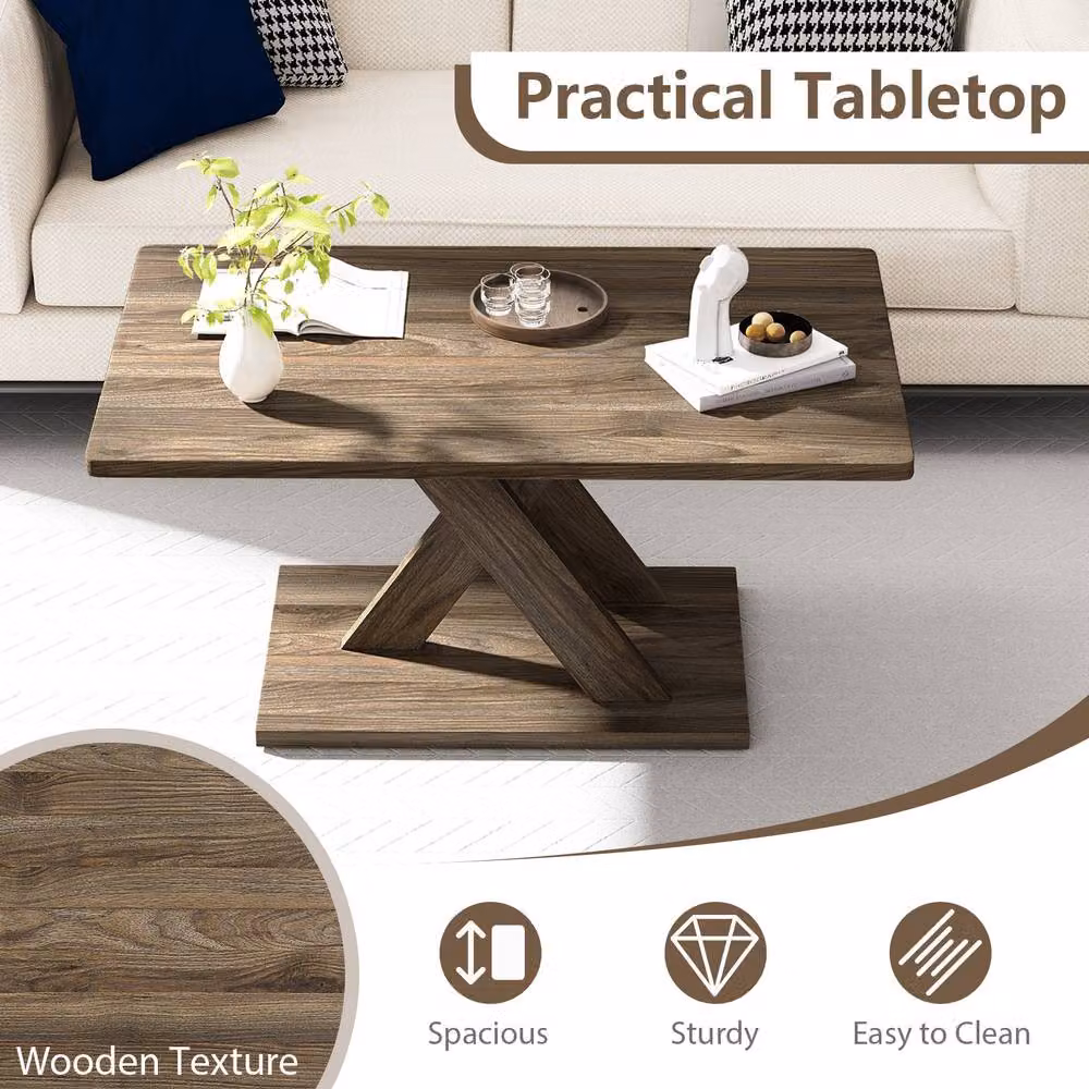 Costway Brown Rectangular Farmhouse Coffee Table with X-Frame Design – 3