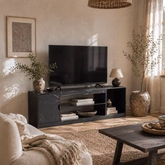 Wyld Haus Avadell Black Marble Effect TV Unit with Glass Shelf, W: 148 cm, D: 52.6 cm, H: 35 cm – 1
