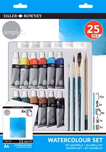 Daler-Rowney Simply Watercolour Paint 25 Piece Technique Set with 12 x 12ml Assorted Colours