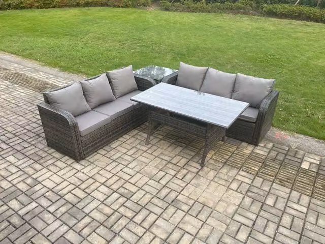 Fimous 4 Piece Rattan Garden Furniture Set with Oblong Rectangular Dining Table in Dark Grey