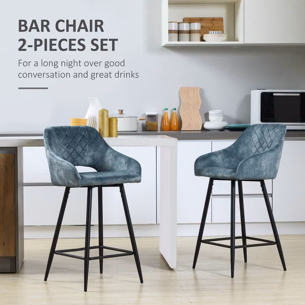 STILVORA Set of 2 Modern Blue Velvet Bar Stools with Metal Frame – 5