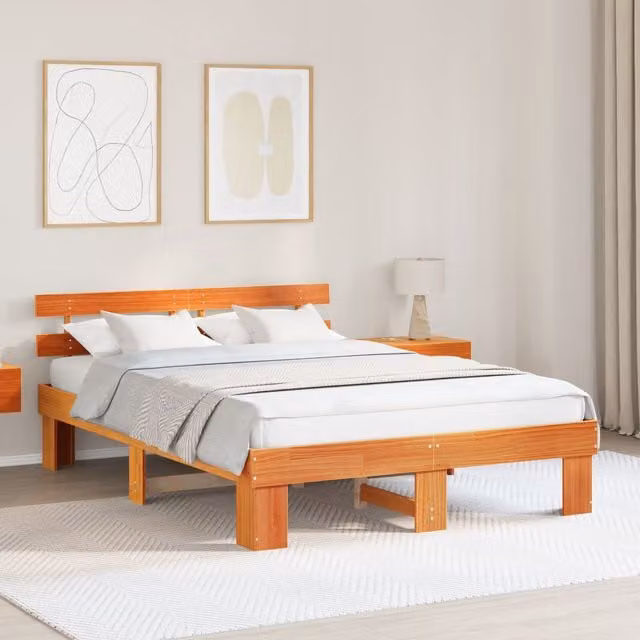 Berkfield Home Solid Wood Pine Bed Frame with Headboard, Wax Brown, W: 160 cm, L: 200 cm