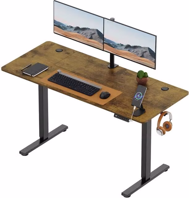 VonHaus Electric Height Adjustable Standing Desk with USB-C Charging in Brown, W/D/H: 140 x 60 x 72 cm