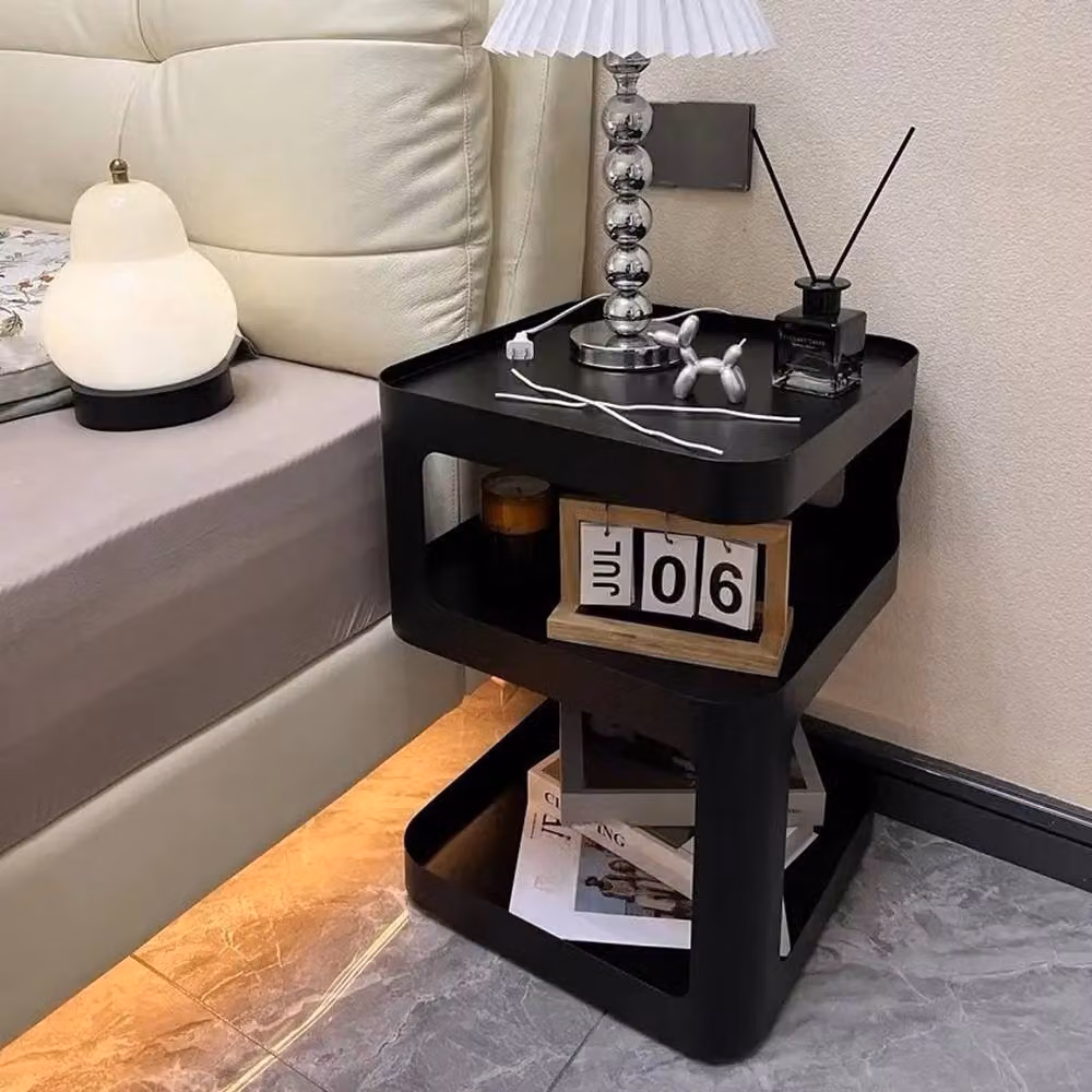 Ventryn Modern Black Sofa Table with Geometric Display Storage and Serving Tiers – 3