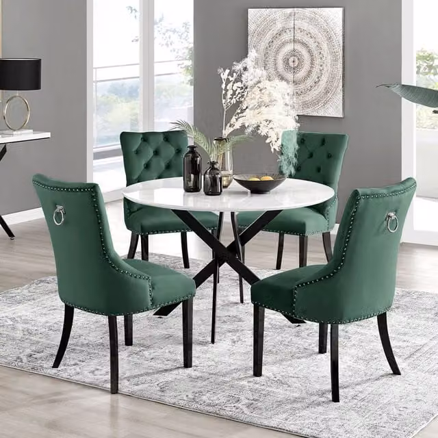 FurnitureboxUK Novara White High Gloss Round Dining Table and 4 Belgravia Black Leg Chairs in Green, Width: 120 cm