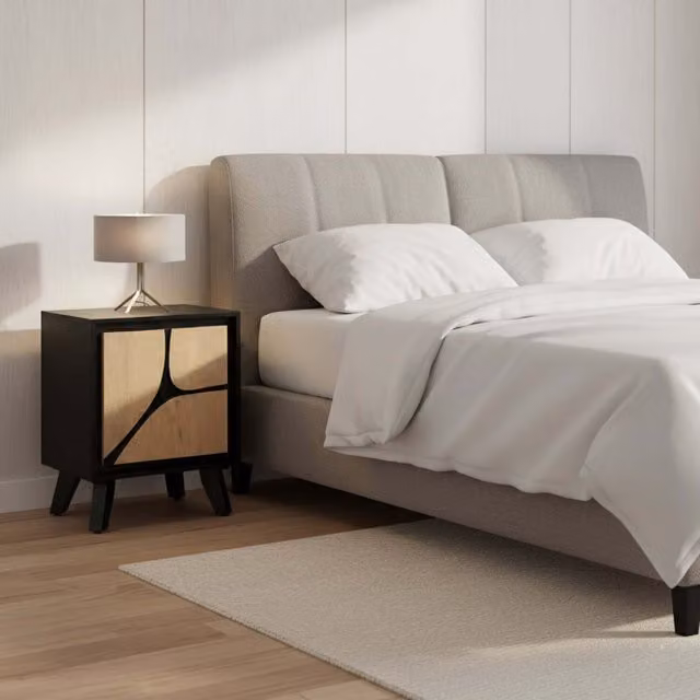 IH Design Modern Abstract Mango Wood Bedside Table in Beige, Black, Orange and Brown