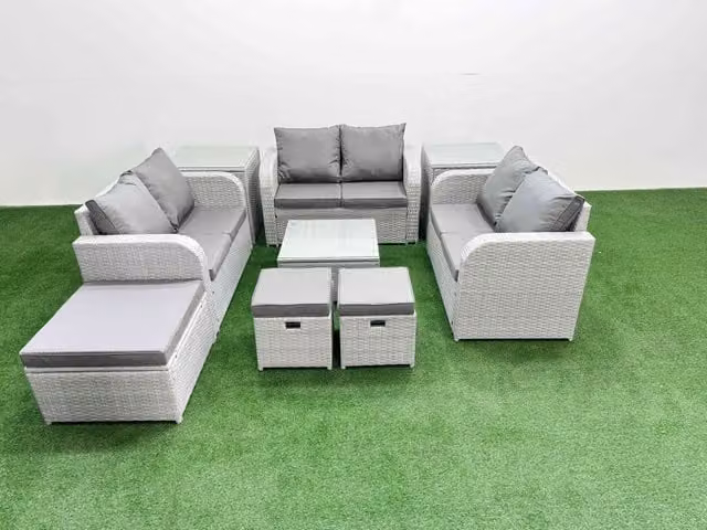 Fimous 9 Seater PE Wicker Rattan Garden Furniture Set in Light Grey with Square Coffee Table, 2 Seater Love Sofa, 3 Stools and 2 Side Tables