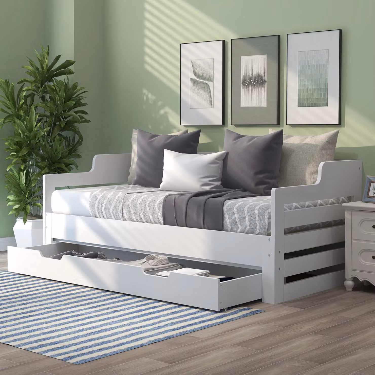 Matteo Ingle Single Guest Sofa Bed with Pull Out Trundle and Storage Drawer in White – 3
