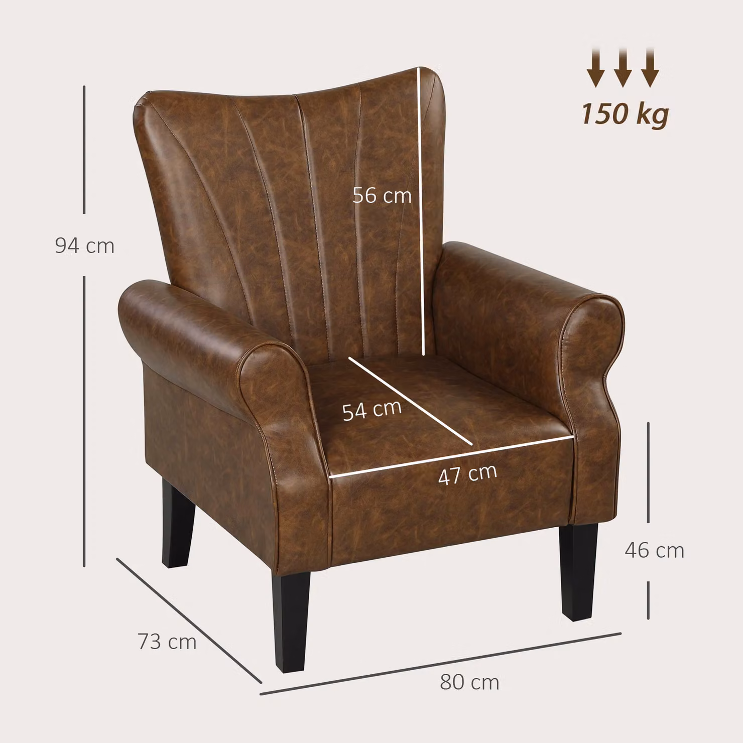 HOMCOM Modern Upholstered Accent Armchair with Synthetic Leather and Wood Legs in Brown – 3
