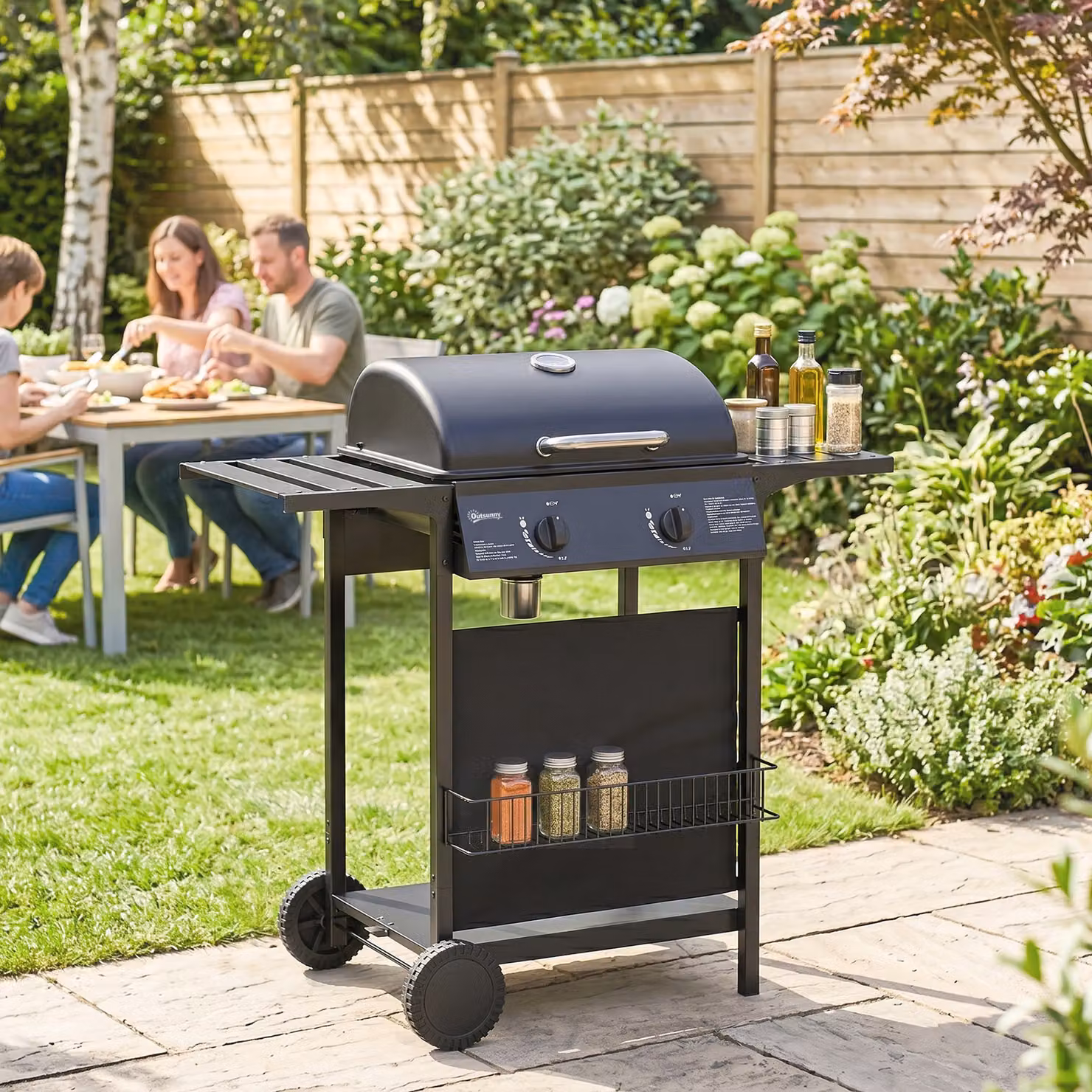 Outsunny 2 Burner Gas Barbecue Grill with Side Tables, Warming Rack, Thermometer and Wheels, Black – 9