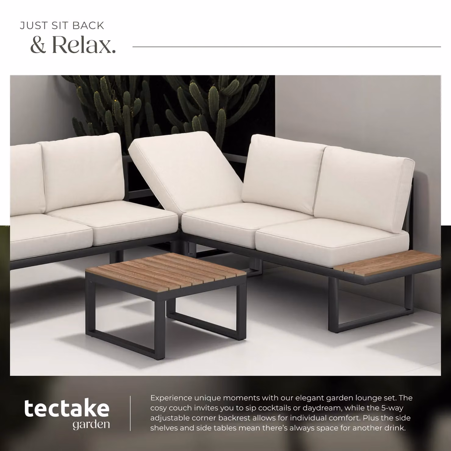 tectake Eliar 4-Piece L-Shape Garden Lounge Set with Black Powder Coated Aluminium Frame and Upholstered Cushions – 4