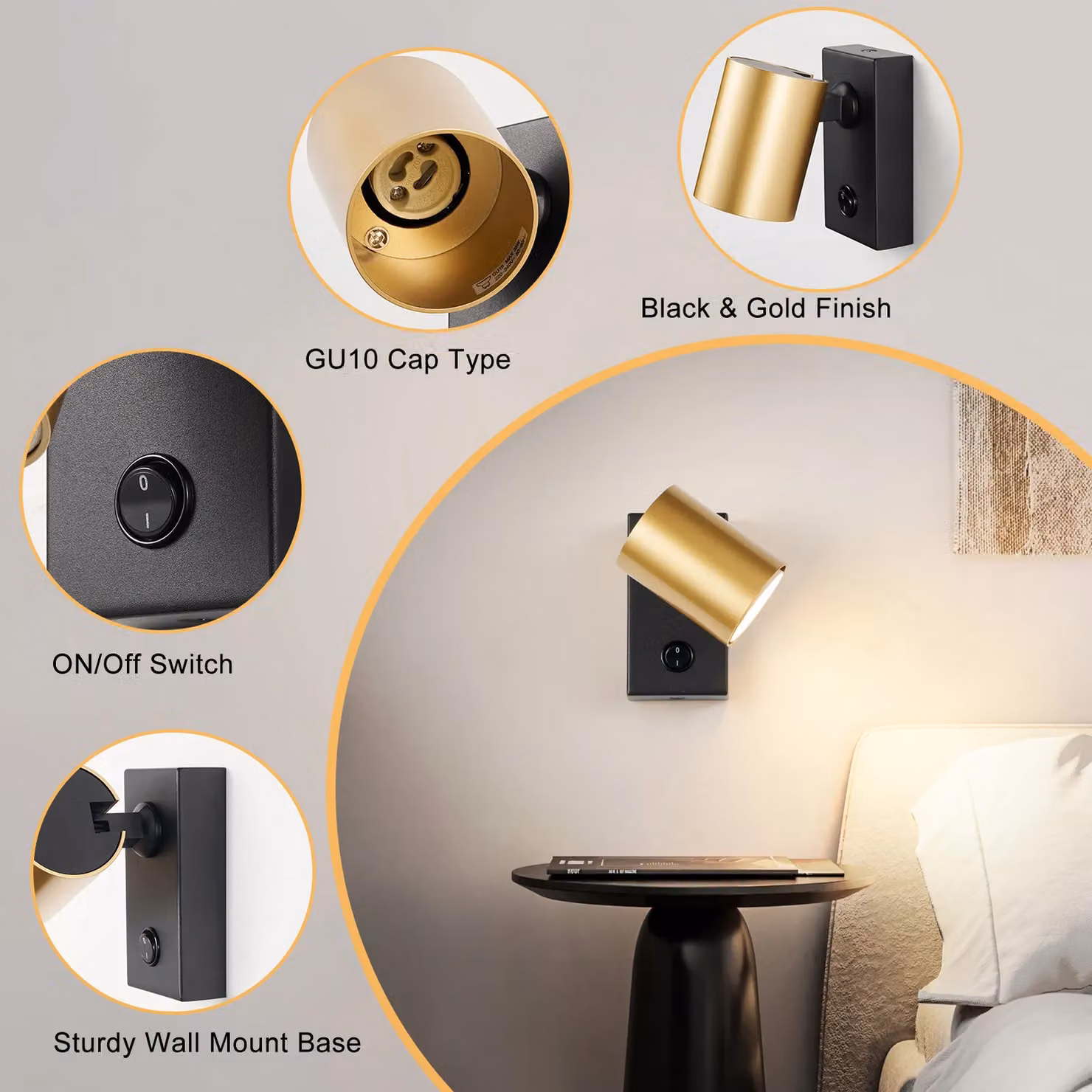 Harper Living Adjustable GU10 Wall Spotlight in Black and Gold/Brass Metal – 4