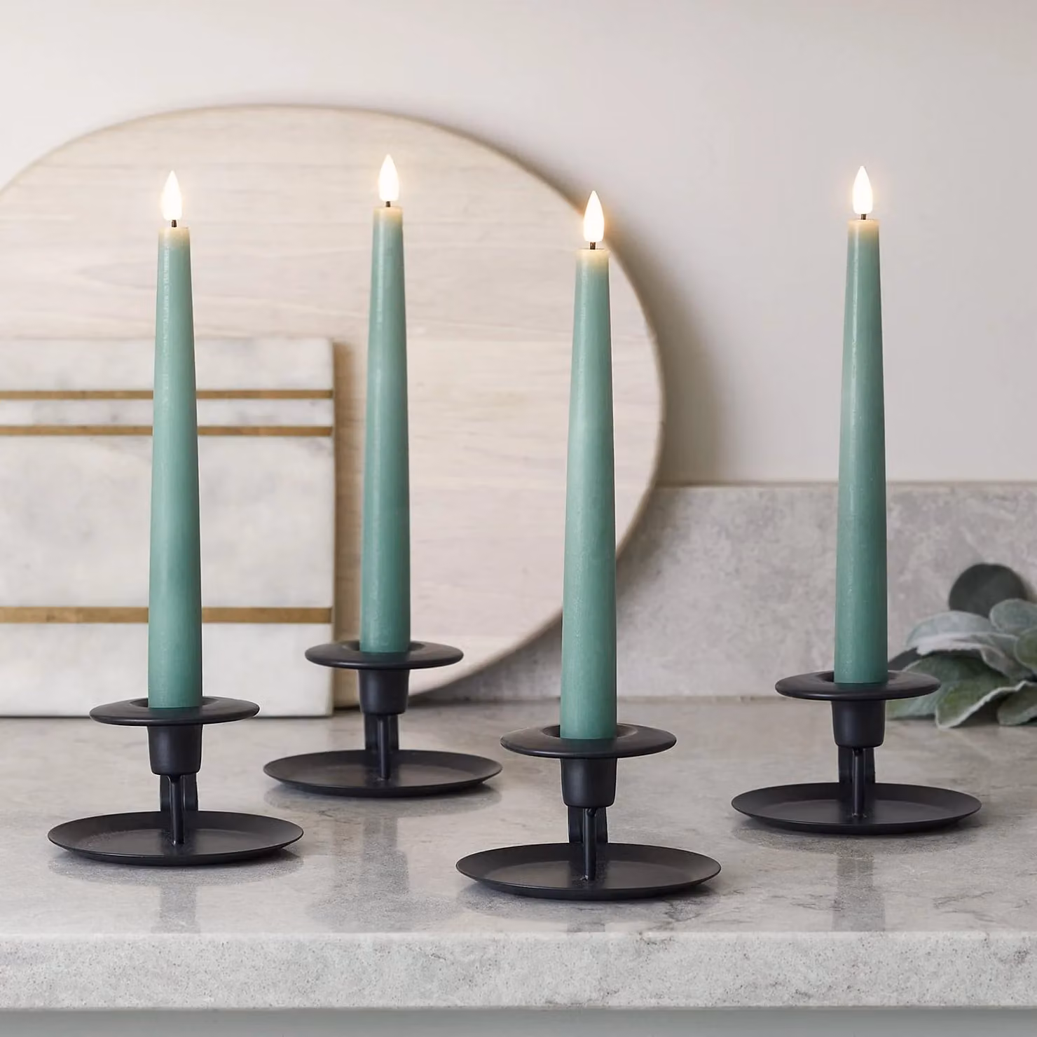 Set of 4 TruGlow® Eucalyptus Green Wax Taper LED Candles with Remote Control and Timer