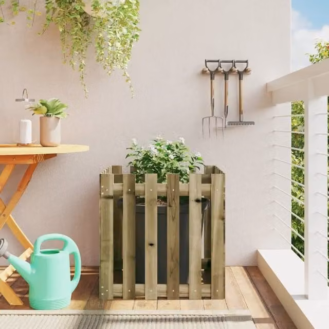 Berkfield Home Garden Planter with Fence Design in Brown, Impregnated Pine Wood, W/D/H: 60 x 60 x 60 cm – 1