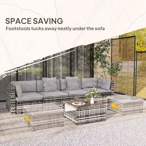 Outsunny 7 Piece Grey Rattan Garden Furniture Set with Upholstered Cushions, Ottoman and Coffee Table – 3