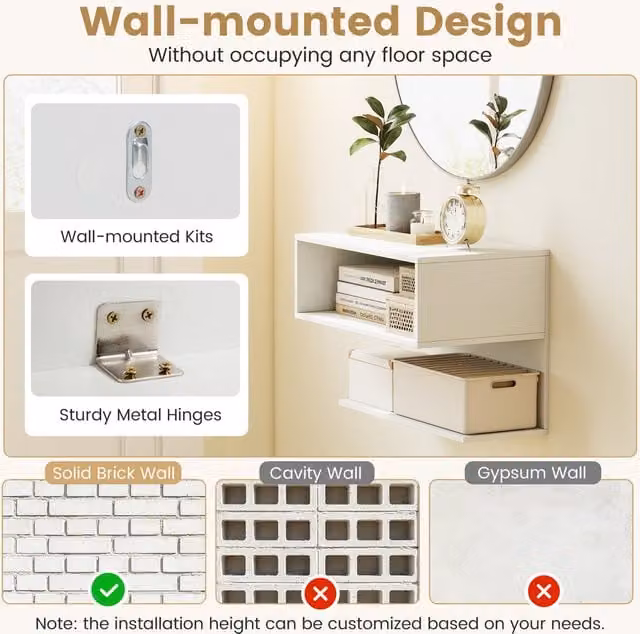 Set of 2 COSTWAY Minimalist White Wall Mounted Hanging Side End Tables