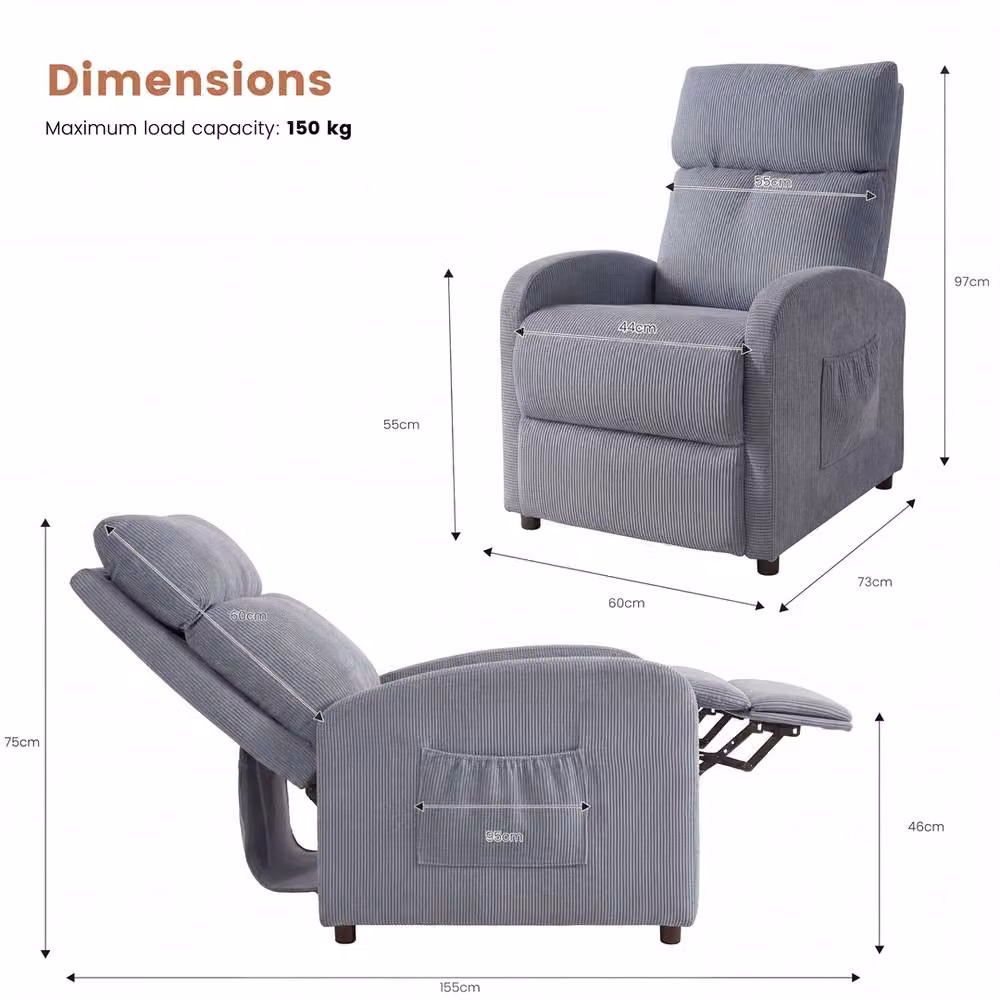 EONLION Grey Push Back Recliner Chair with Armrests and Lumbar Support – 2