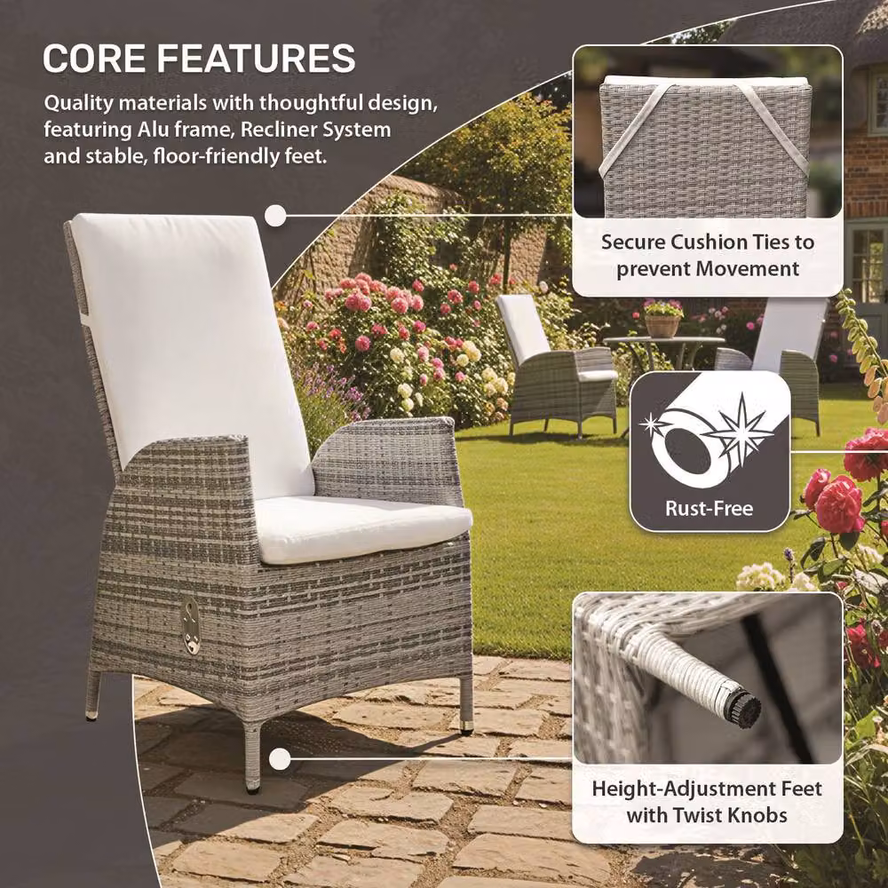 Oseasons Lisbon Pack of 4 Rattan Reclining Dining Chairs in Mixed Grey with Aluminium Frame, H 108 cm x W 72 cm x D 58 cm – 3