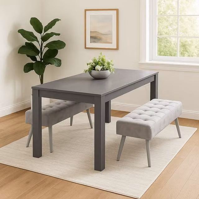 KOSY KOALA Modern Dining Table Set with 2 Grey Velvet Benches in Brown and Grey – 1