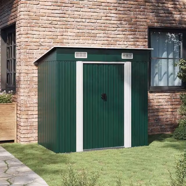 Berkfield Home Green Metal Pent Garden Shed with Sliding Doors, W/D/H: 190 x 124 x 181 cm