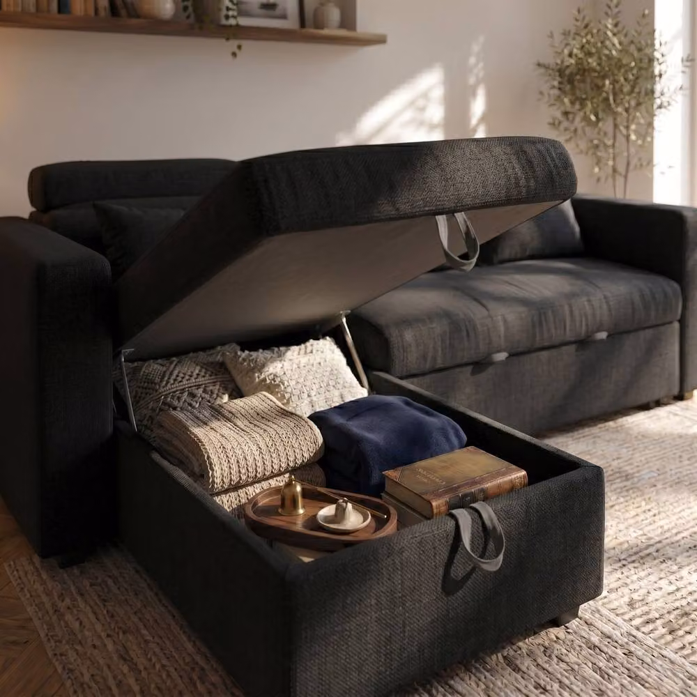 Sofaya Chelsea 3 Seater L Shape Corner Chaise Sofa Bed in Charcoal Grey Fabric with Reversible Sleeping Function and Lift Up Seat – 2