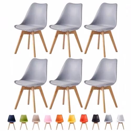 MCC Direct Set of 6 Retro Eva Dining Chairs with Wooden Legs and Synthetic Leather Cushions in Grey