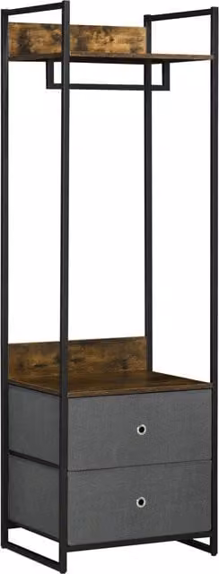 HOMCOM Metal Clothes Rail and Coat Stand with 2 Fabric Drawers in Rustic Brown and Grey