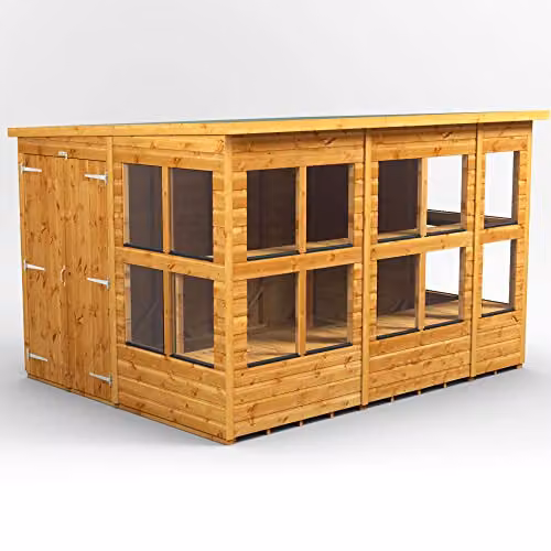 POWER Premium Pent Wooden Greenhouse Shed in Brown with Double Doors and Tempered Glass Windows – 1