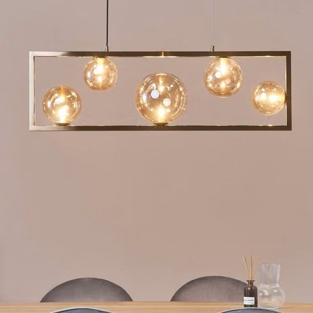 Wyld and Coco Five Light Rectangular Industrial Pendant Lamp in Bronze and Gold/Brass with Transparent Glass – 1