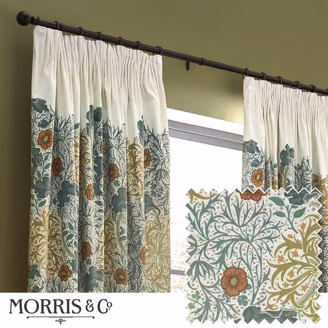 Morris & Co. Seaweed Printed Velvet Pencil Pleat Curtains, Stone and Sunflower, W: 167 cm, H: 183 cm