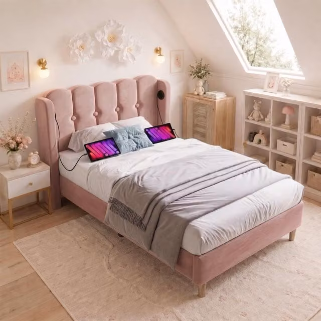 Aosom UK Pink Velvet Upholstered Single Bed Frame with USB and Type-C Charging Ports and Grille Design Headboard, W/D/H: 103 x 197 x 103 cm