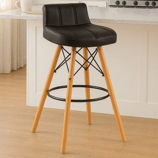 Orsina Black Leather Effect Bar Stool with Beech Wood and Metal Legs – 1