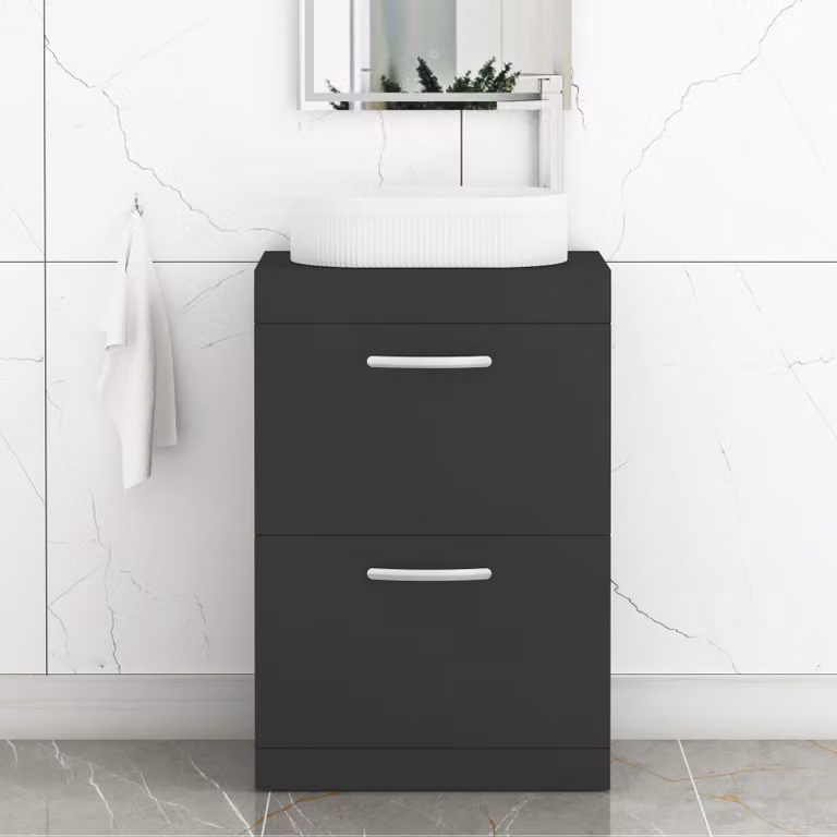 Royal Bathrooms Turin 500mm Floor Standing 2 Drawer Vanity Unit in Matt Black with Lyon Countertop Basin and Matt Black Handles
