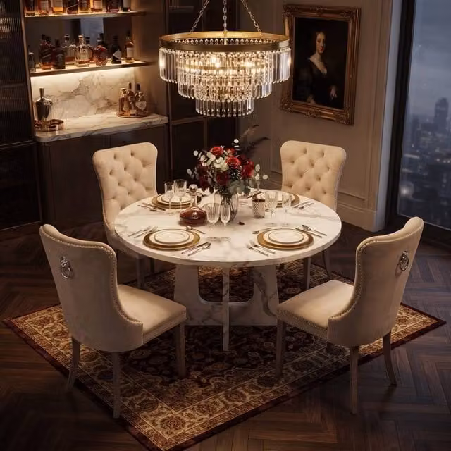 FENCHILIN Farmhouse Dining Set with Round White Table and 4 White Velvet Upholstered Chairs