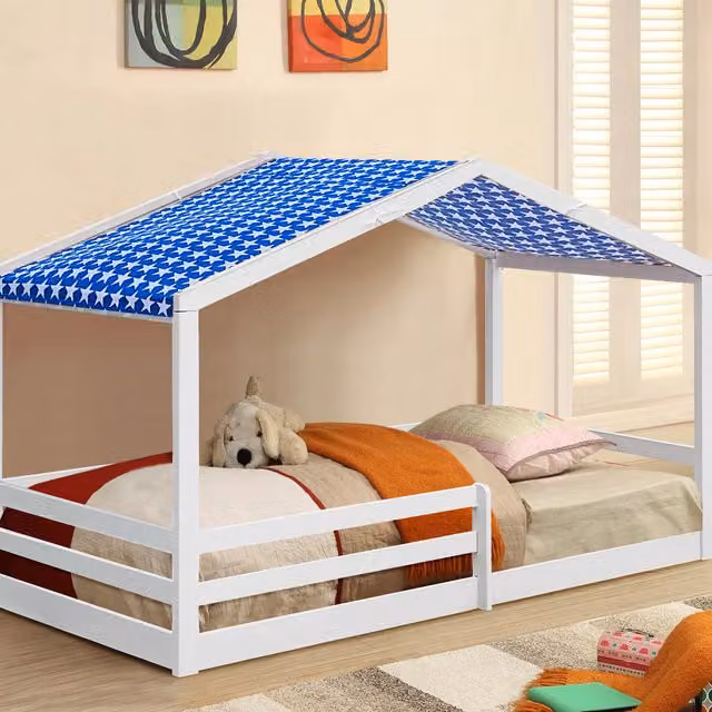 Comfy Living Single Wooden House Style Childrens Bed with Tent Option, White and Blue, W/D/H: 90 x 190 cm