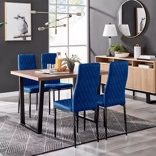 FurnitureboxUK Kylo Brown Wood Effect Dining Table and 4 Navy Velvet Milan Chairs with Black Legs