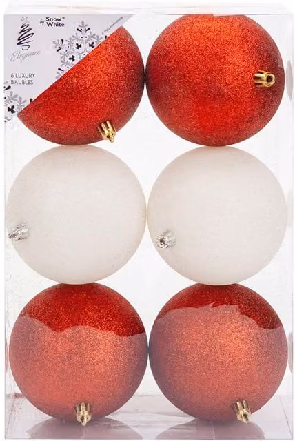VFM e-Store Set of 6 Round Christmas Bauble Hanging Tree Ornaments in Red and White, 10 cm