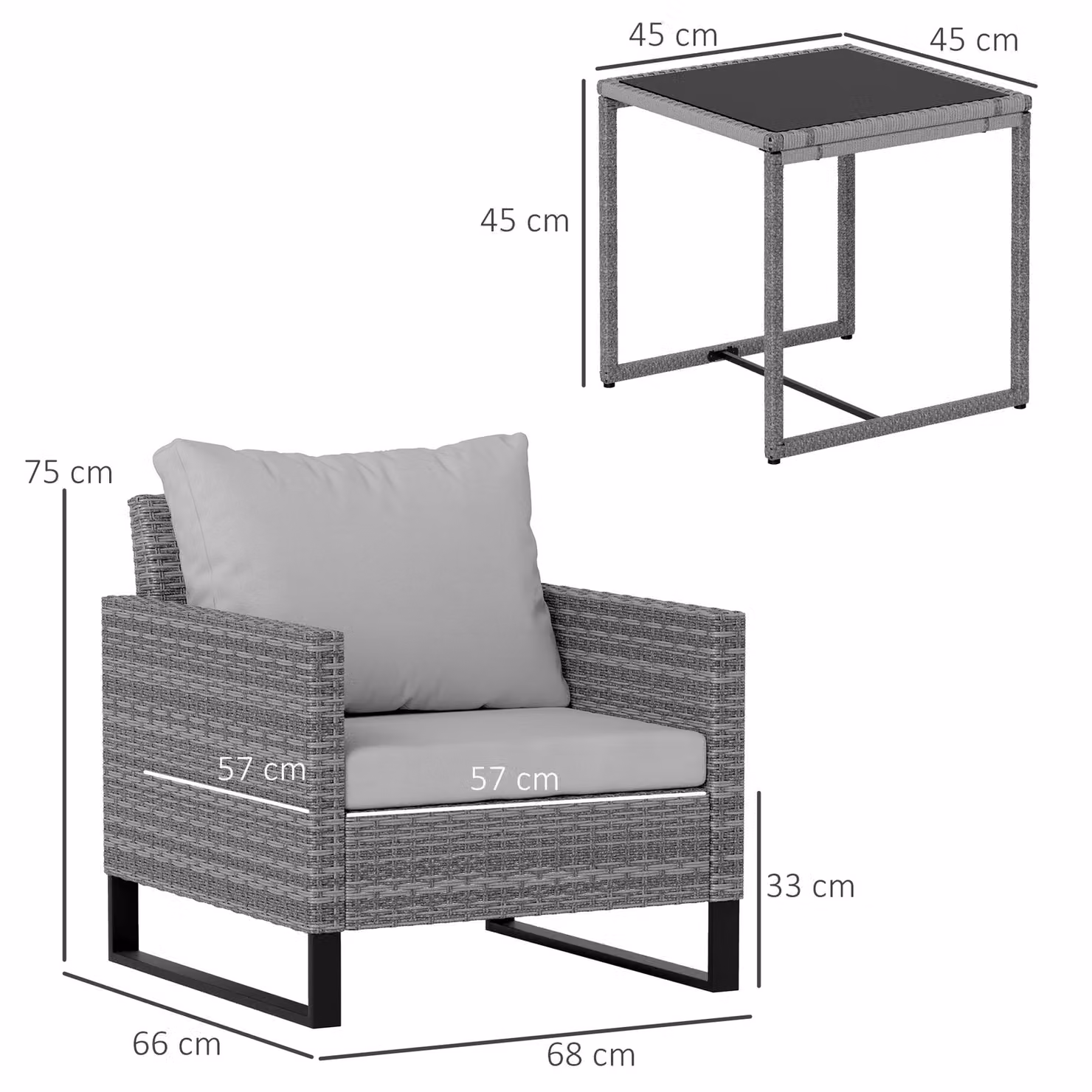 Outsunny 3 Piece Rattan Bistro Set with Glass Top Coffee Table and 4 Cushions in Grey – 3