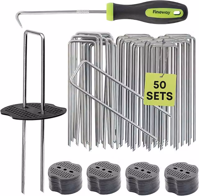 Fineway 50 Galvanised Steel Weed Membrane Pegs with Tool in Silver