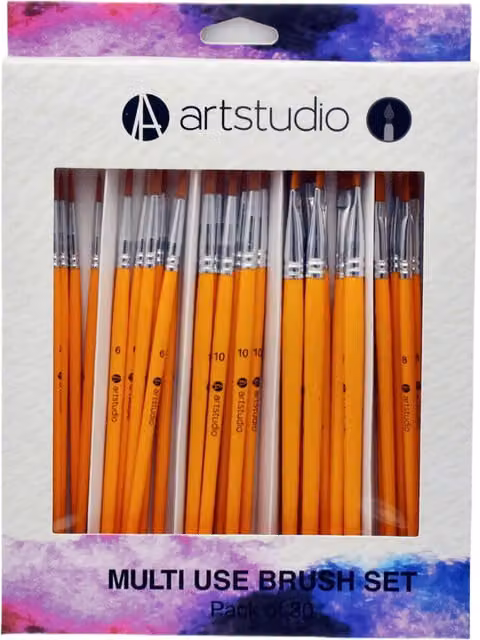 Art Studio 30 Piece Multi Use Brush Set in Orange with Wood Handles