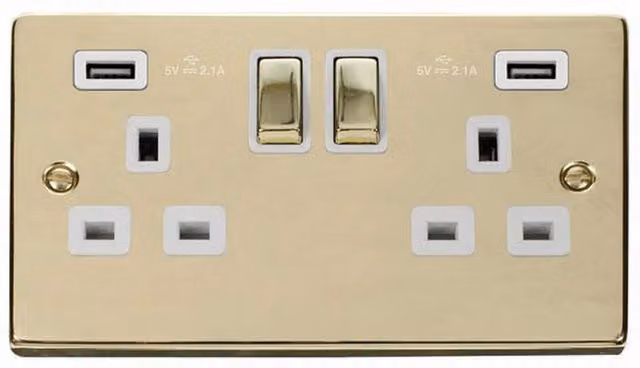 SE HOME Polished Brass 2 Gang 13A DP Ingot Twin Double Switched Plug Socket with 2 USB Ports in White and Gold