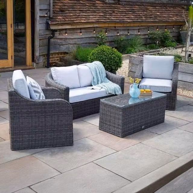 Primrose Living Classic Rattan 4 Seater Garden Furniture Sofa Set with Coffee Table in Stone Grey – 1