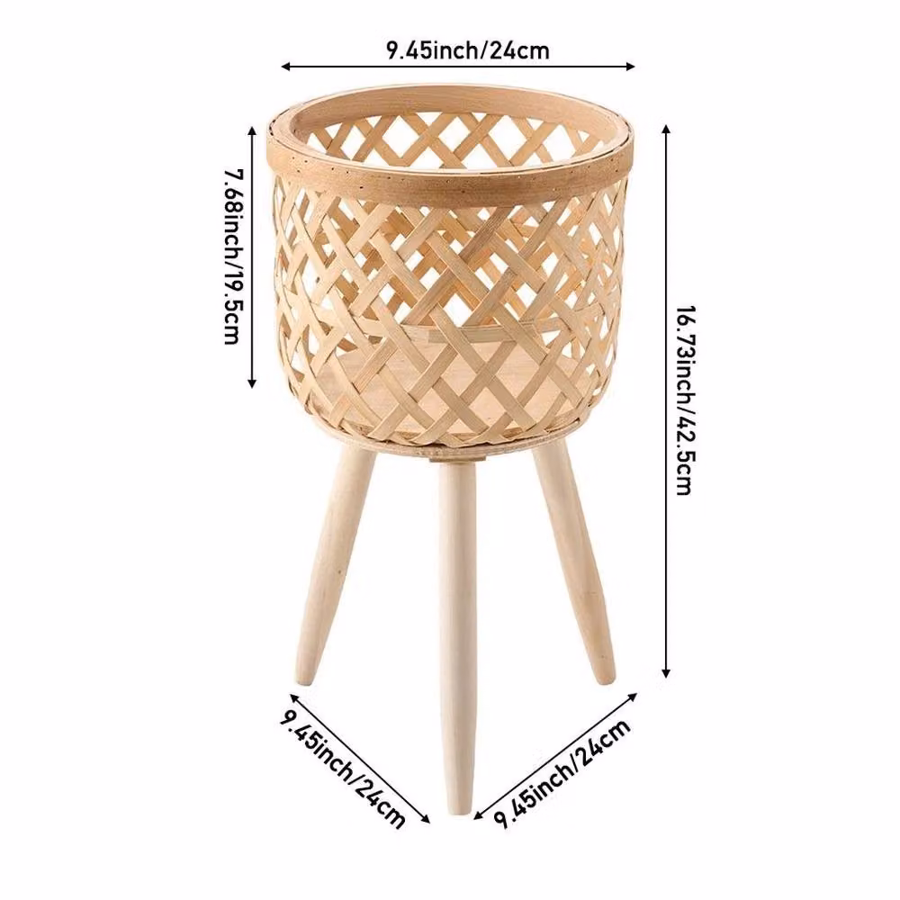 EONLION Medium Rustic Rattan Basket Flower Stand with Wood Base in Brown – 2